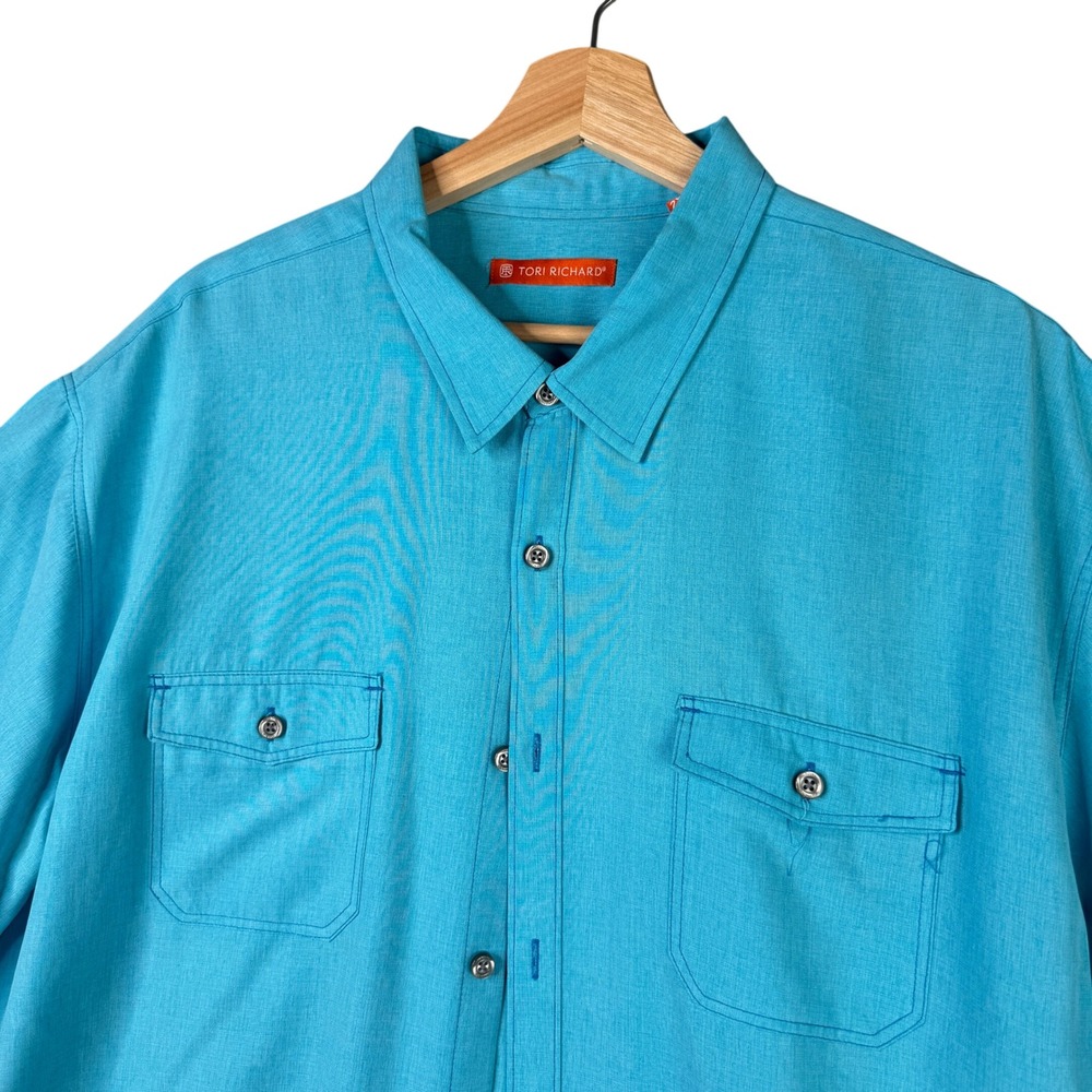 Tori Richard Mens 2XL Turquoise Blue Textured Short Sleeve Button Down Shirt